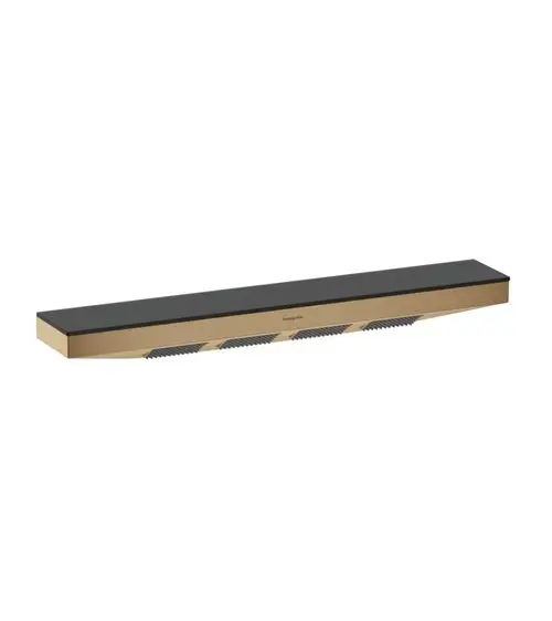 Schwarze Duschablage mit Holzoptik von Hansgrohe, rechteckig und langgestreckt, vorgesehen für Schulterbrause, mit rutschfester Oberfläche und integriertem Wasserablauf.